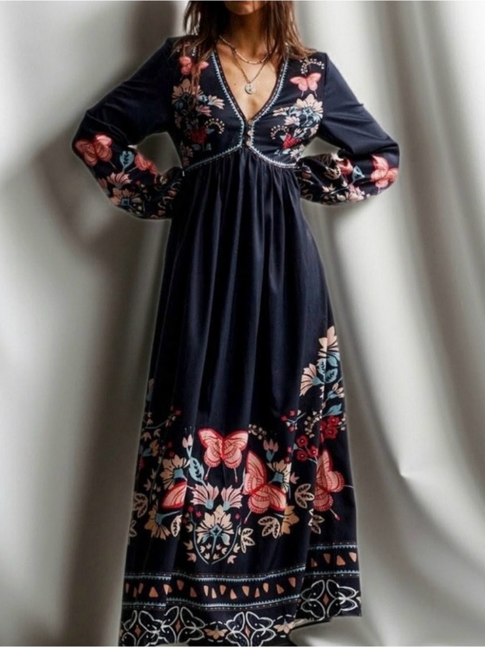 Floral Navy V-Neck Maxi Dress with Long Sleeves